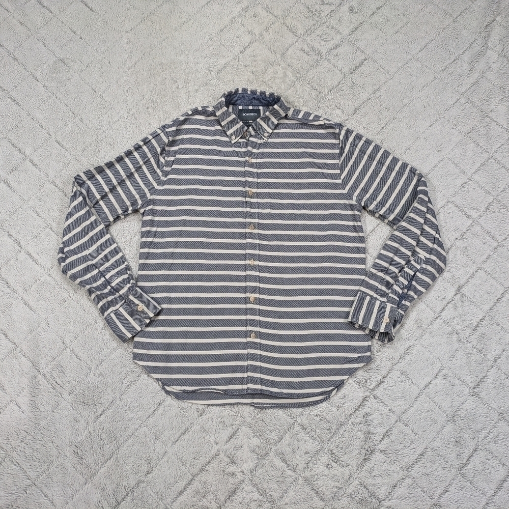 Bonobos Shirt Men's M Blue White Stripe Button Up Cotton Casual Work Long Sleeve